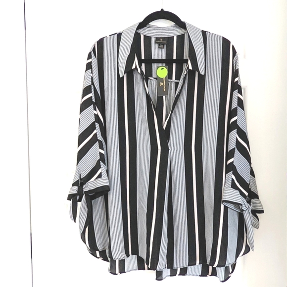 Women's Plus Sized Blue White Striped Flowy V Neck Top 3/4 Sleeves Bows Size XXL - Picture 1 of 9